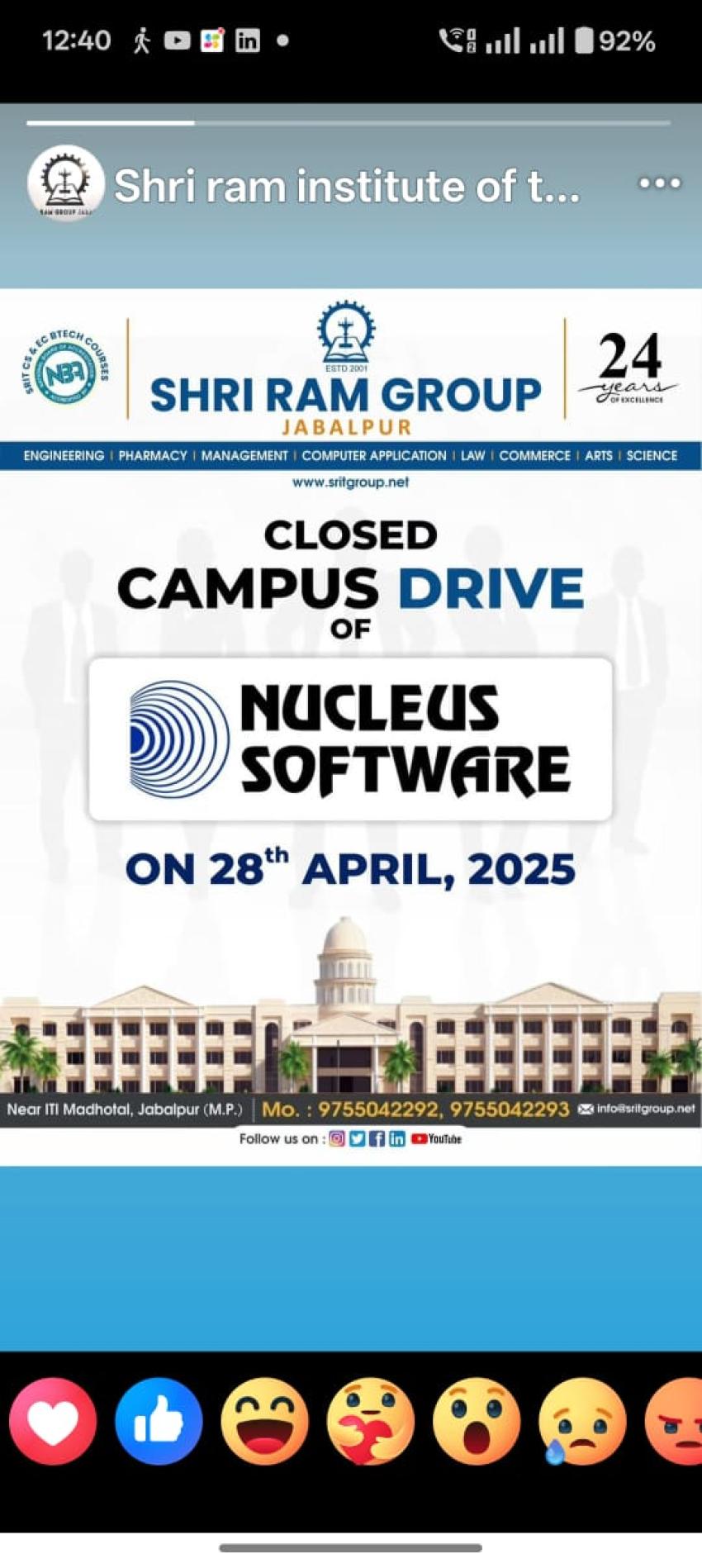 Nucleus Software Closed Campus Drive at SRIT-The Best Private Engineering College in Jabalpur