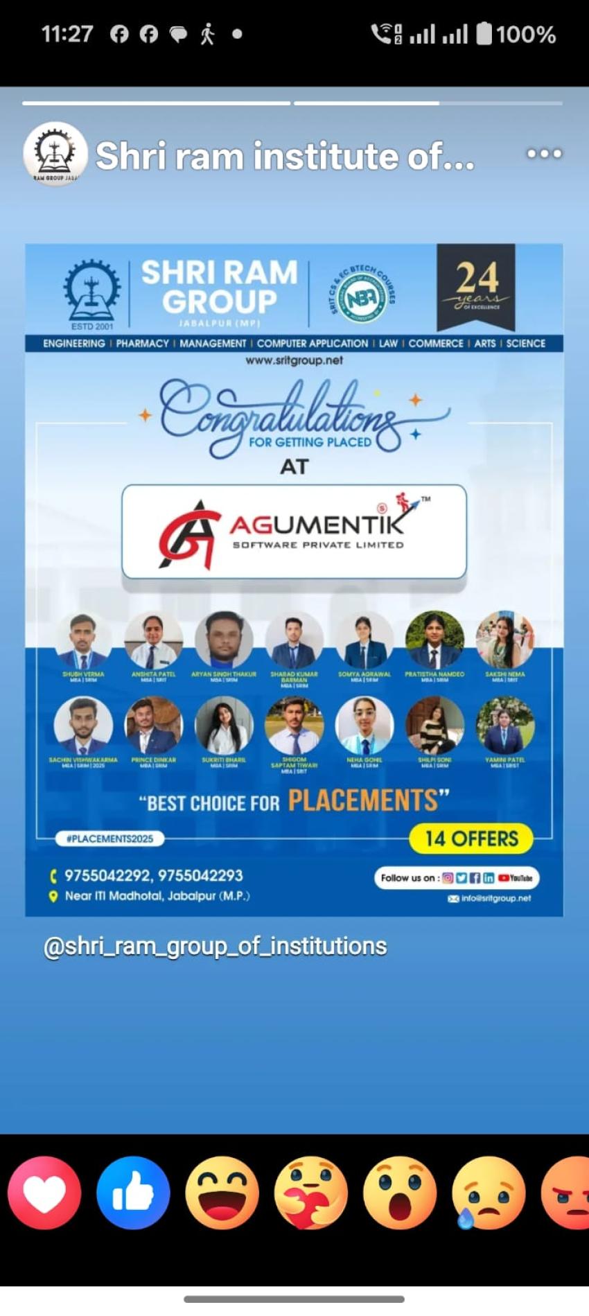 Heartiest Congratulations to SRIT Students for Placements in Codeyoung and Agumentik