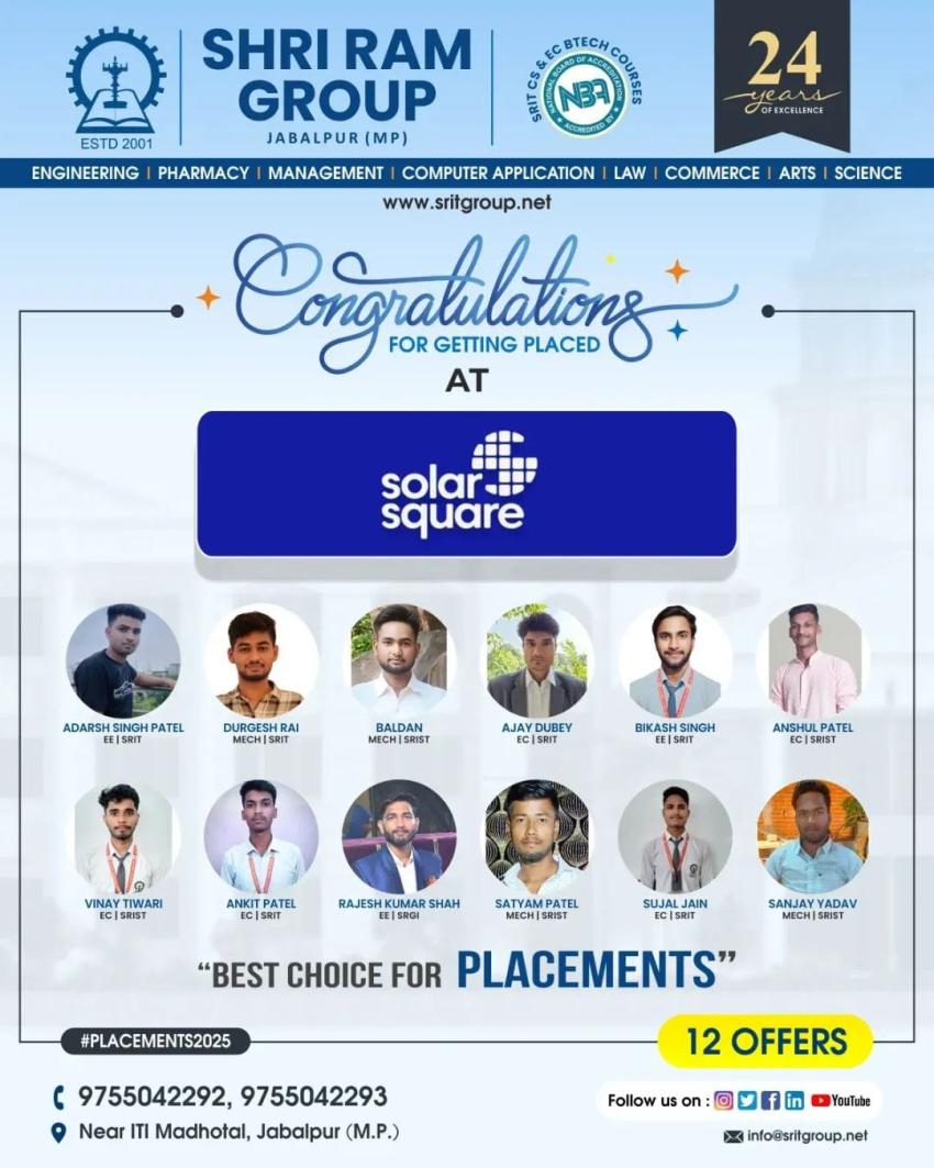 4 Placed in JBM and 12 in Solar Square-2 New Milestones for SRIT Engineering College in Jabalpur