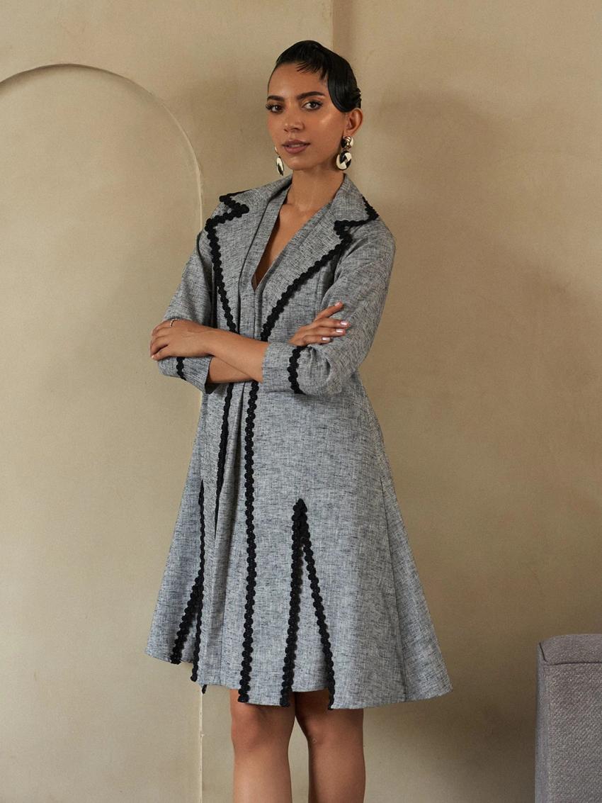 Slate Lace Jacket Dress Set – A Dark Romance of Lace & Structure for Evening Looks