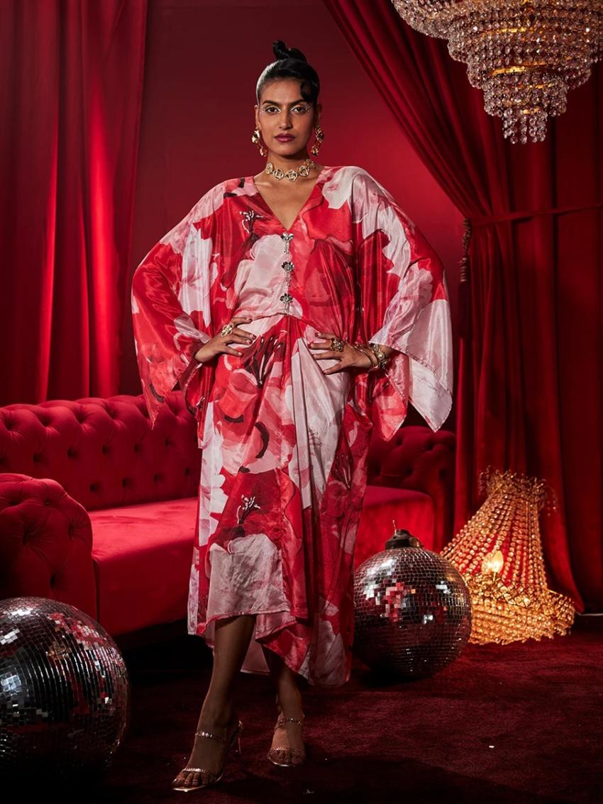 Ruby Gardenia Kaftan – Glamorous Party Wear Dress for Women & Birthday Party Outfit